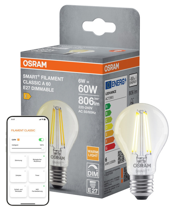 Osram SMART+ filament pære standard hvid E27 6 W